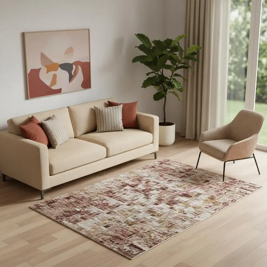 Rust Gray And Ivory Abstract Washable Area Rug With UV Protection Photo 1