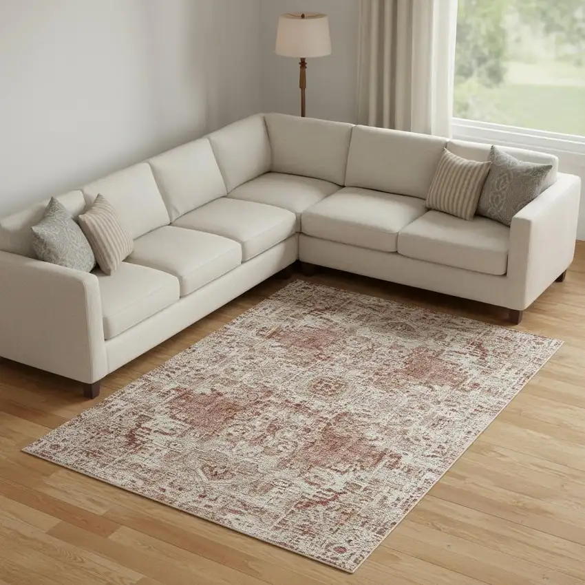 Rust Gray And Ivory Abstract Washable Area Rug With UV Protection Photo 1