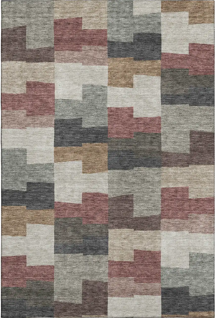Rust Gray And Ivory Geometric Washable Area Rug With UV Protection Photo 1