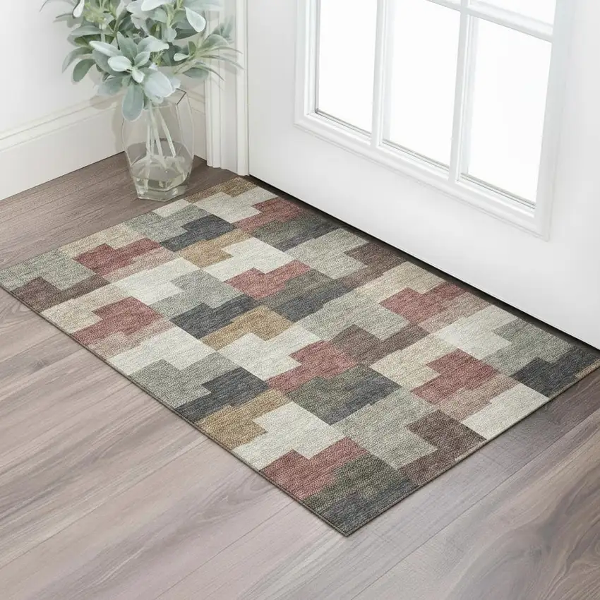 Rust Gray And Ivory Geometric Washable Area Rug With UV Protection Photo 1