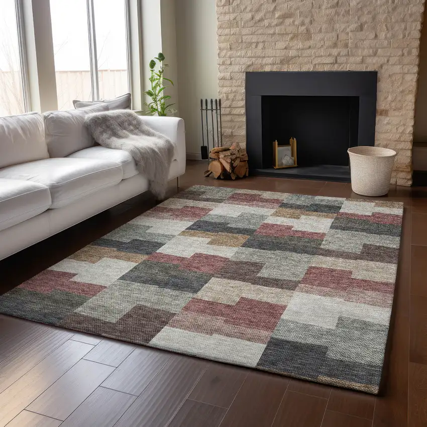 Rust Gray And Ivory Geometric Washable Area Rug With UV Protection Photo 5