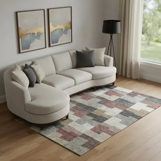 Rust Gray And Ivory Geometric Washable Area Rug With UV Protection Photo 1