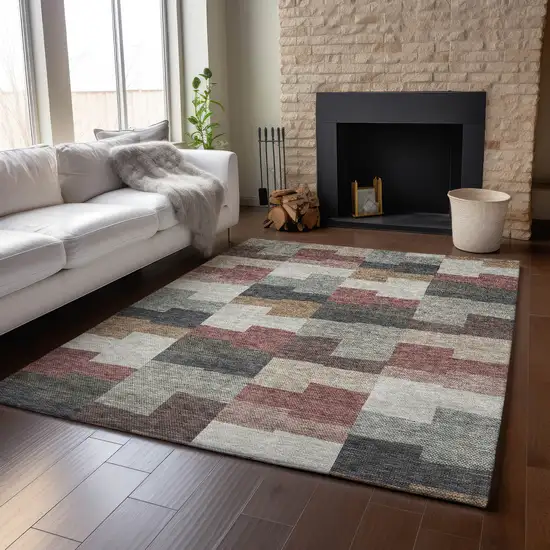 Rust Gray And Ivory Geometric Washable Area Rug With UV Protection Photo 5