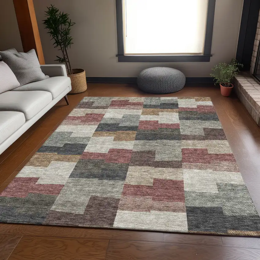 Rust Gray And Ivory Geometric Washable Area Rug With UV Protection Photo 4