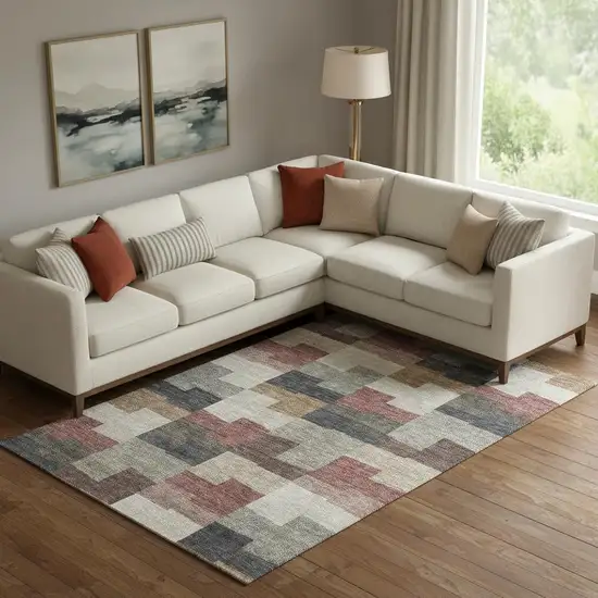 Rust Gray And Ivory Geometric Washable Area Rug With UV Protection Photo 1