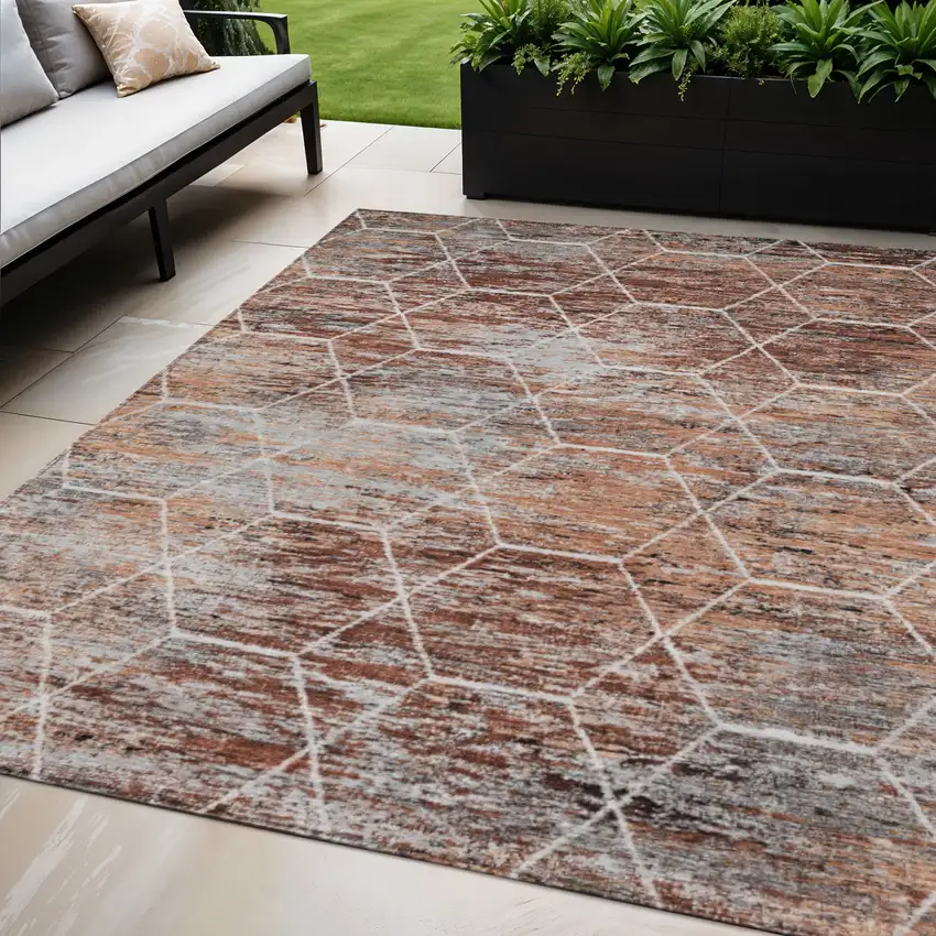 Rust Gray And Ivory Geometric Washable Indoor Outdoor Area Rug Photo 2