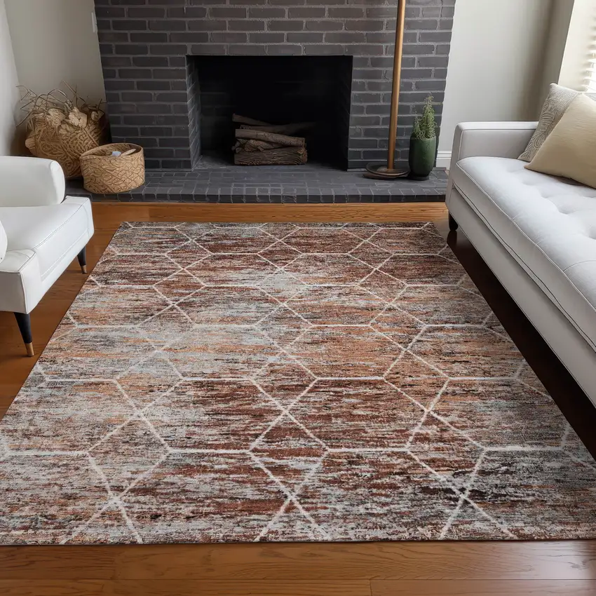 Rust Gray And Ivory Geometric Washable Indoor Outdoor Area Rug Photo 7