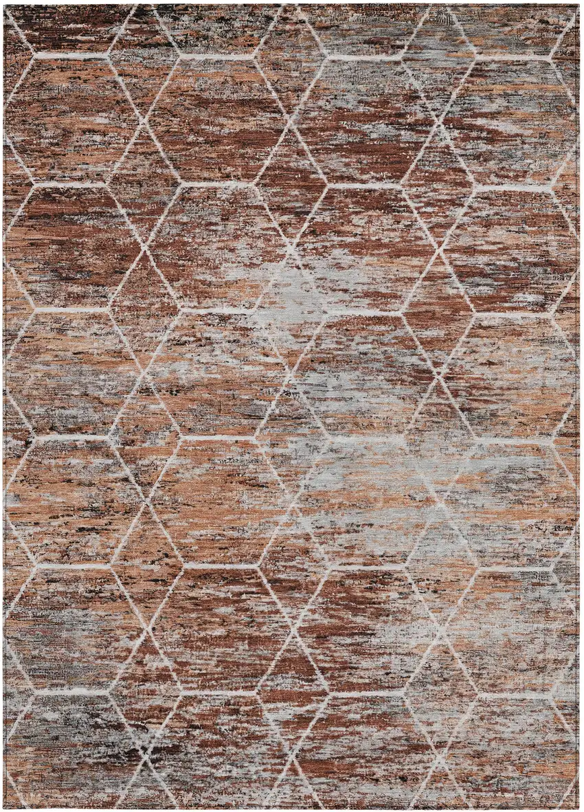 Rust Gray And Ivory Geometric Washable Indoor Outdoor Area Rug Photo 1