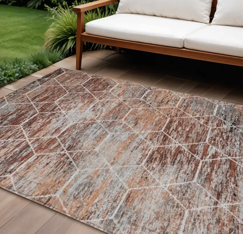 Rust Gray And Ivory Geometric Washable Indoor Outdoor Area Rug Photo 2