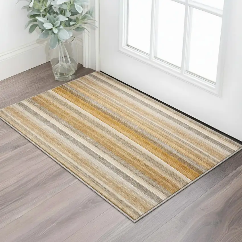 Rust Gray And Ivory Striped Washable Area Rug With UV Protection Photo 2