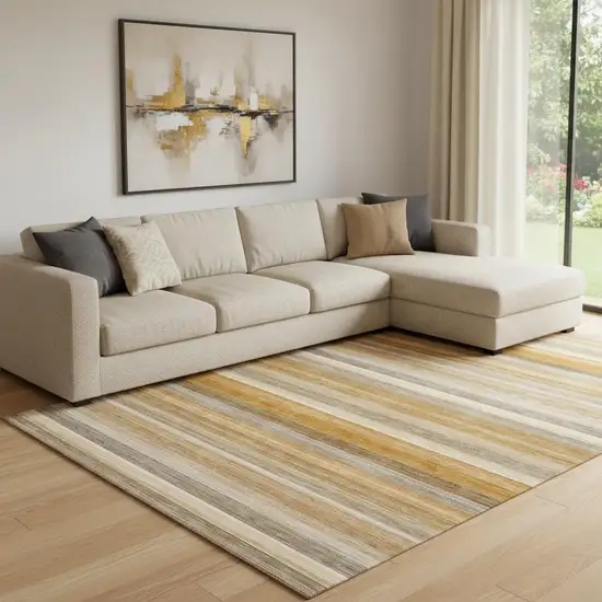 Rust Gray And Ivory Striped Washable Area Rug With UV Protection Photo 1