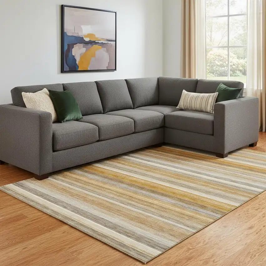 Rust Gray And Ivory Striped Washable Area Rug With UV Protection Photo 1