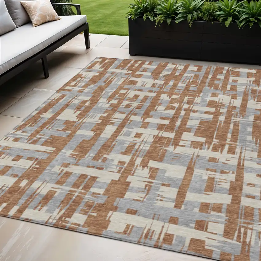 Rust Gray And Ivory Striped Washable Indoor Outdoor Area Rug Photo 2