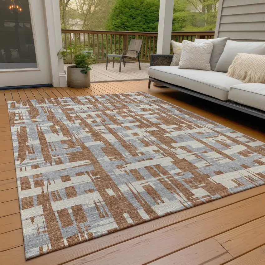 Rust Gray And Ivory Striped Washable Indoor Outdoor Area Rug Photo 9