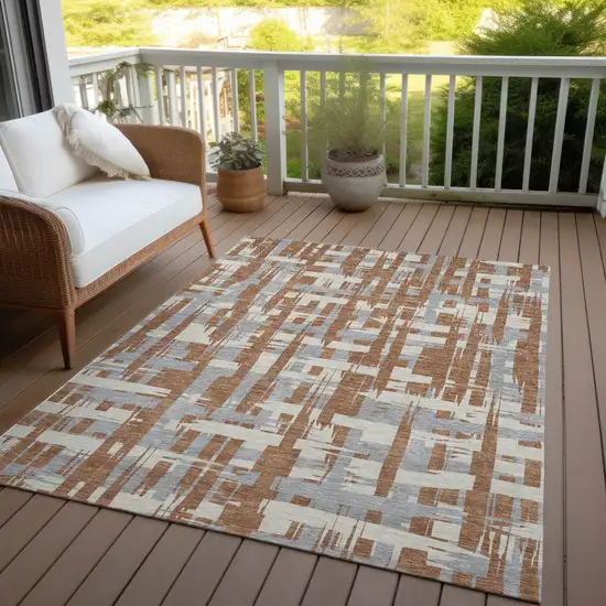 Rust Gray And Ivory Striped Washable Indoor Outdoor Area Rug Photo 6