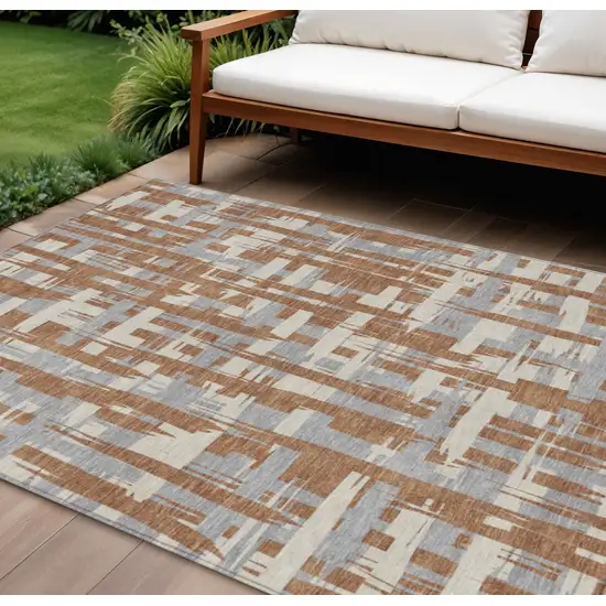 Rust Gray And Ivory Striped Washable Indoor Outdoor Area Rug Photo 2