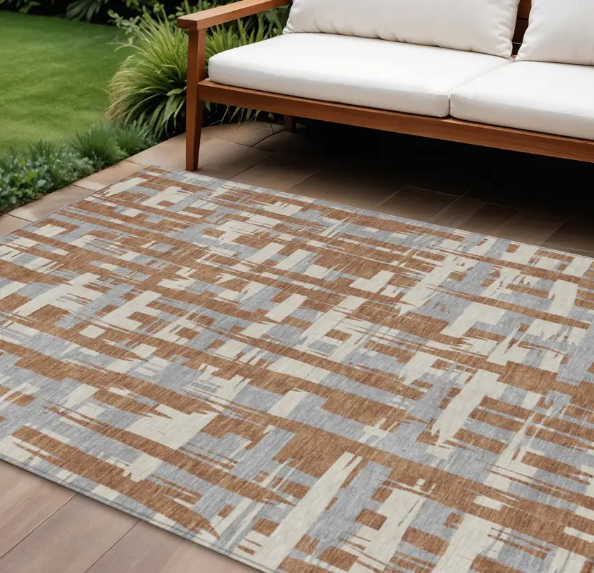 Rust Gray And Ivory Striped Washable Indoor Outdoor Area Rug Photo 2