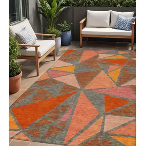 Photo of Rust Gray And Pink Geometric Washable Indoor Outdoor Area Rug