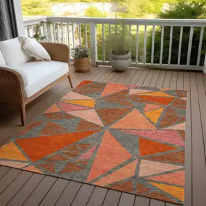 Photo of Rust Gray And Pink Geometric Washable Indoor Outdoor Area Rug