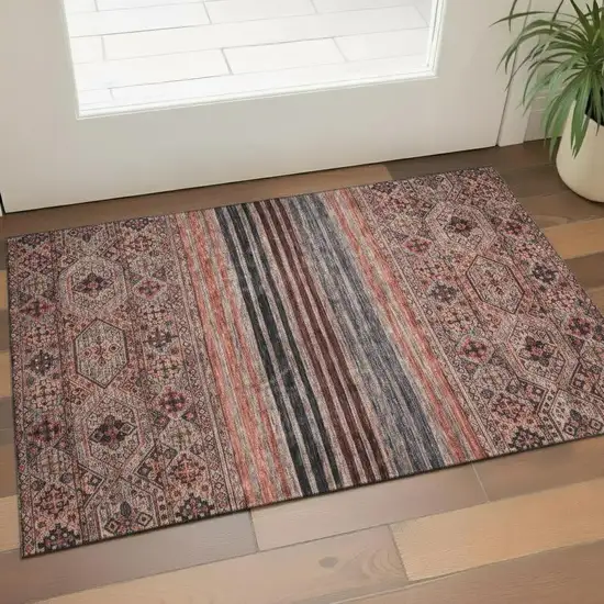 Rust Gray And Salmon Striped Washable Area Rug With UV Protection Photo 2