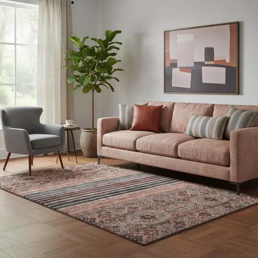 Rust Gray And Salmon Striped Washable Area Rug With UV Protection Photo 2