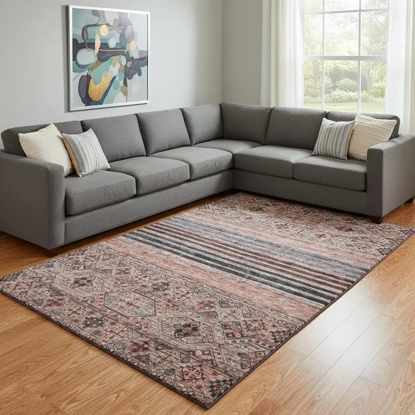 Rust Gray And Salmon Striped Washable Area Rug With UV Protection Photo 2