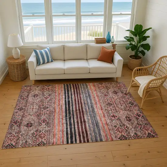 Rust Gray And Salmon Striped Washable Area Rug With UV Protection Photo 5