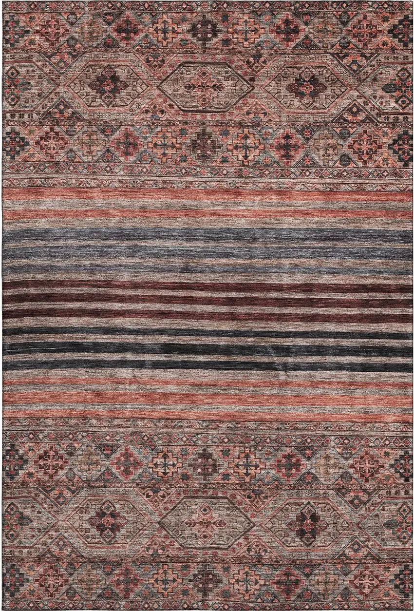 Rust Gray And Salmon Striped Washable Area Rug With UV Protection Photo 1