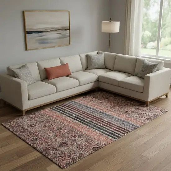 Rust Gray And Salmon Striped Washable Area Rug With UV Protection Photo 2