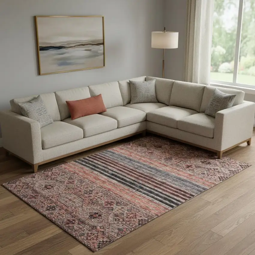 Rust Gray And Salmon Striped Washable Area Rug With UV Protection Photo 2