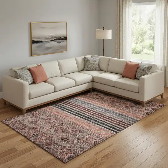 Rust Gray And Salmon Striped Washable Area Rug With UV Protection Photo 2