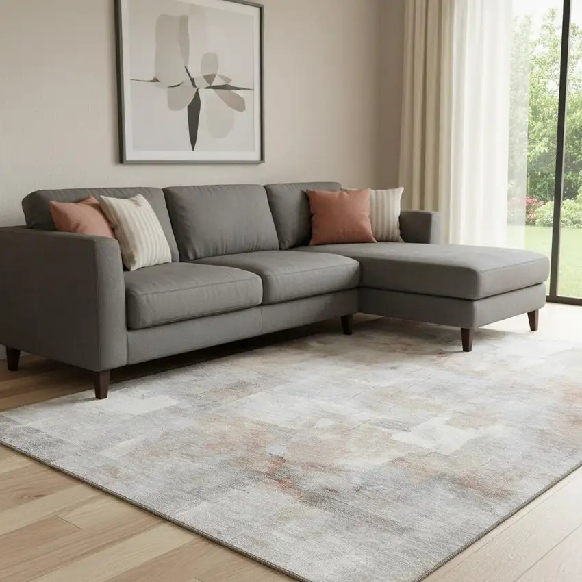 Rust Gray And Silver Abstract Washable Area Rug With UV Protection Photo 2