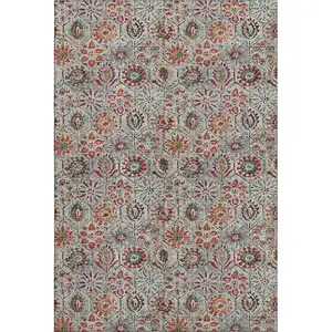 Photo of Rust Gray And Silver Floral Washable Area Rug With UV Protection