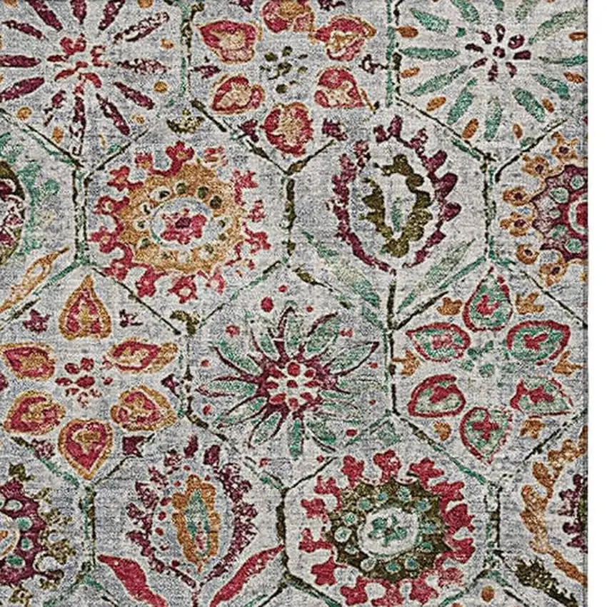 Rust Gray And Silver Floral Washable Area Rug With UV Protection Photo 4