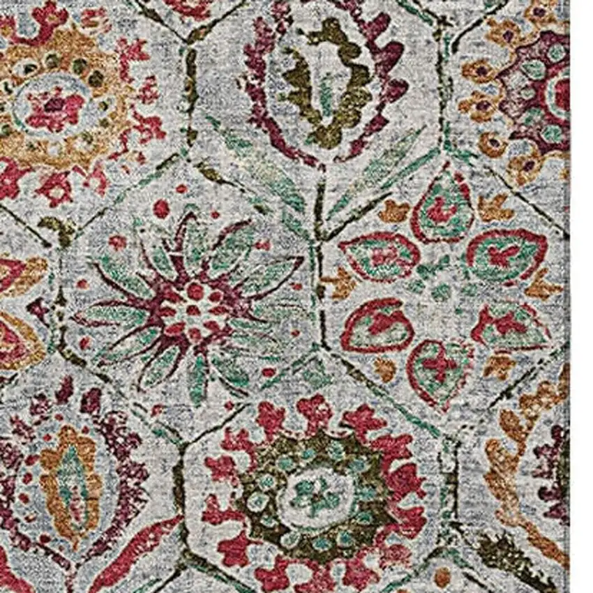 Rust Gray And Silver Floral Washable Area Rug With UV Protection Photo 3
