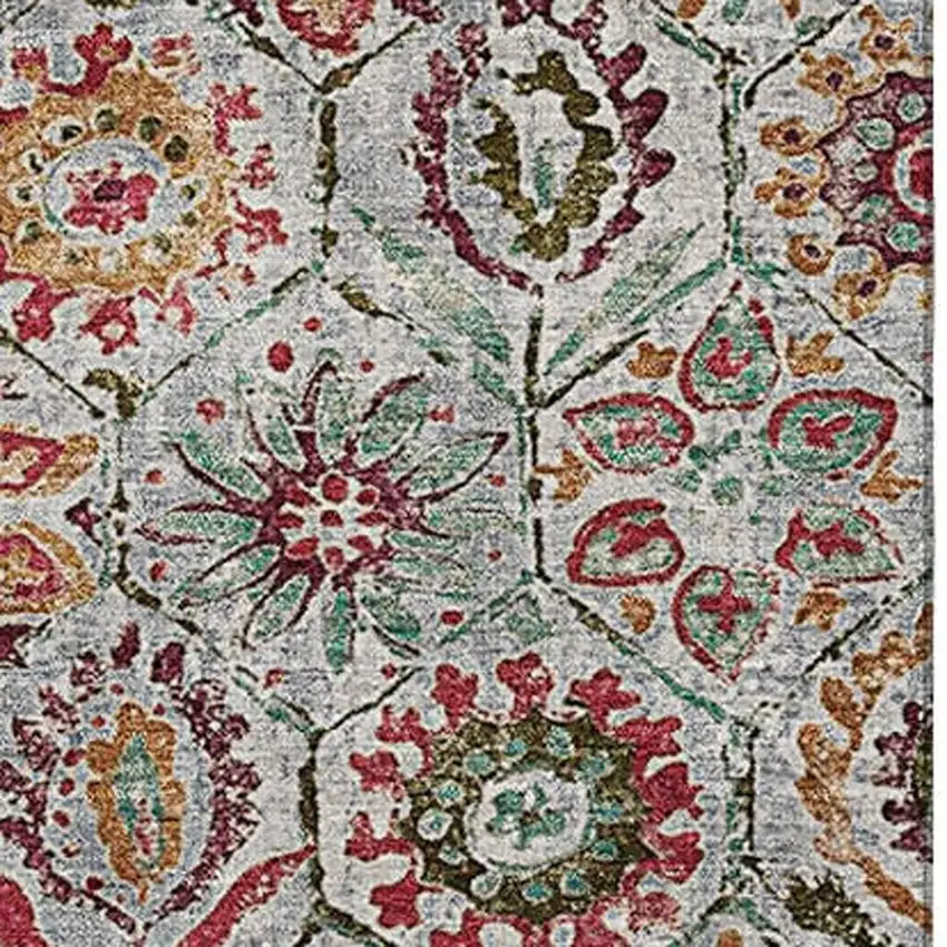 Rust Gray And Silver Floral Washable Area Rug With UV Protection Photo 3