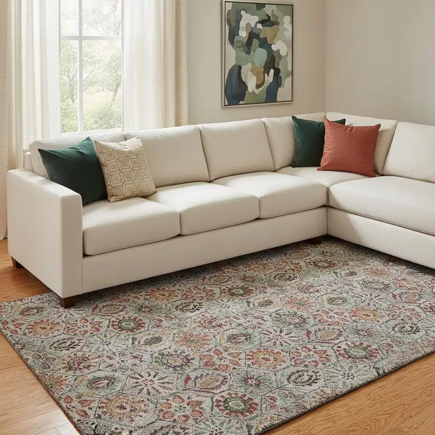 Rust Gray And Silver Floral Washable Area Rug With UV Protection Photo 2