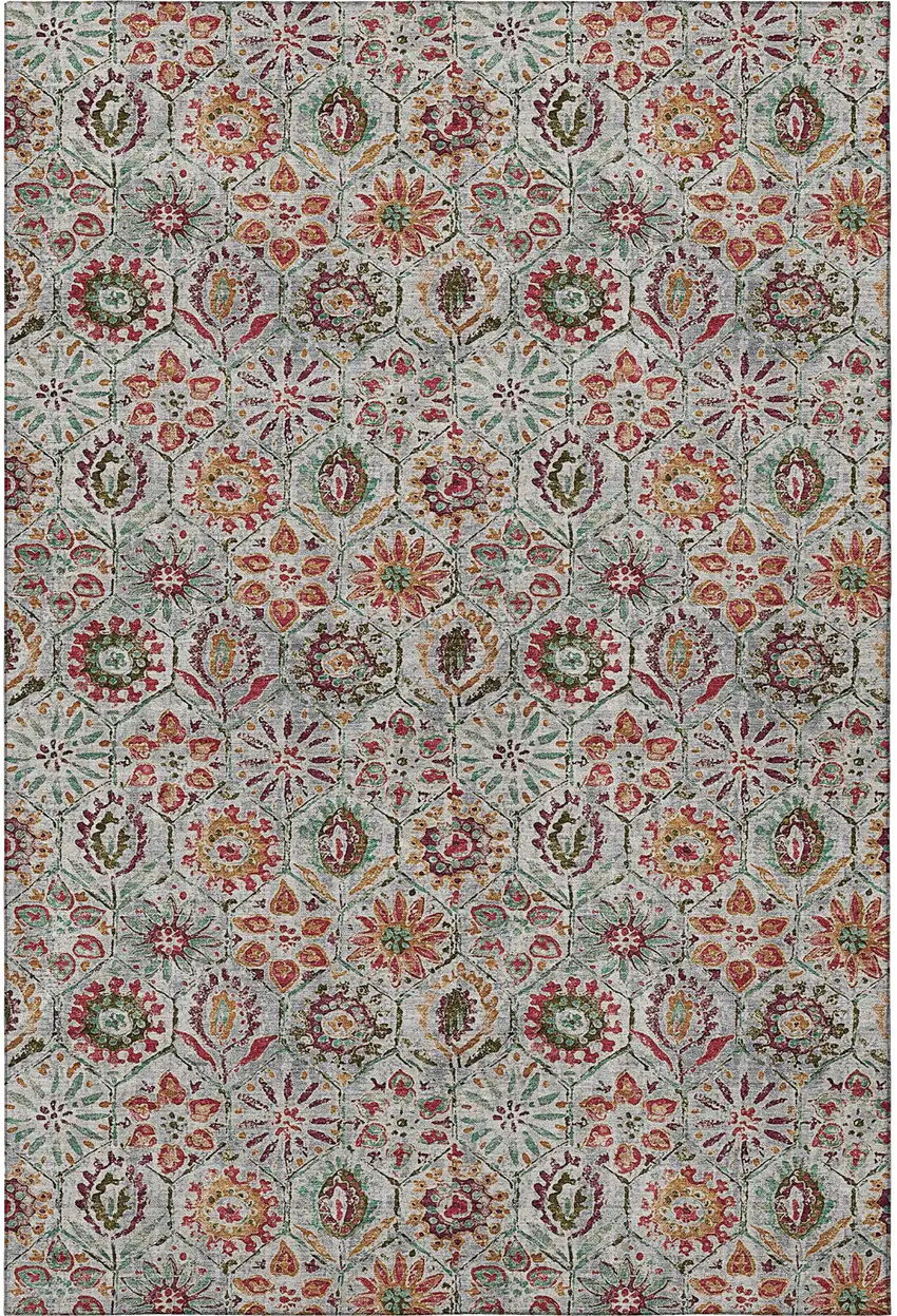Rust Gray And Silver Floral Washable Area Rug With UV Protection Photo 4