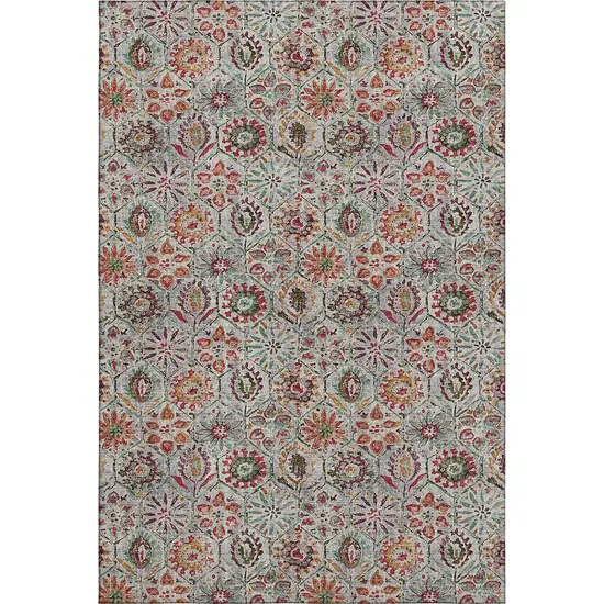 Rust Gray And Silver Floral Washable Area Rug With UV Protection Photo 1