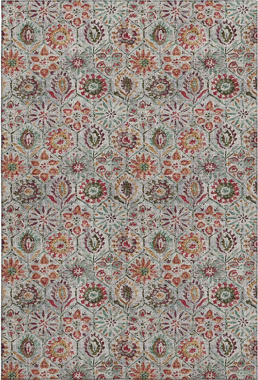 Rust Gray And Silver Floral Washable Area Rug With UV Protection Photo 1