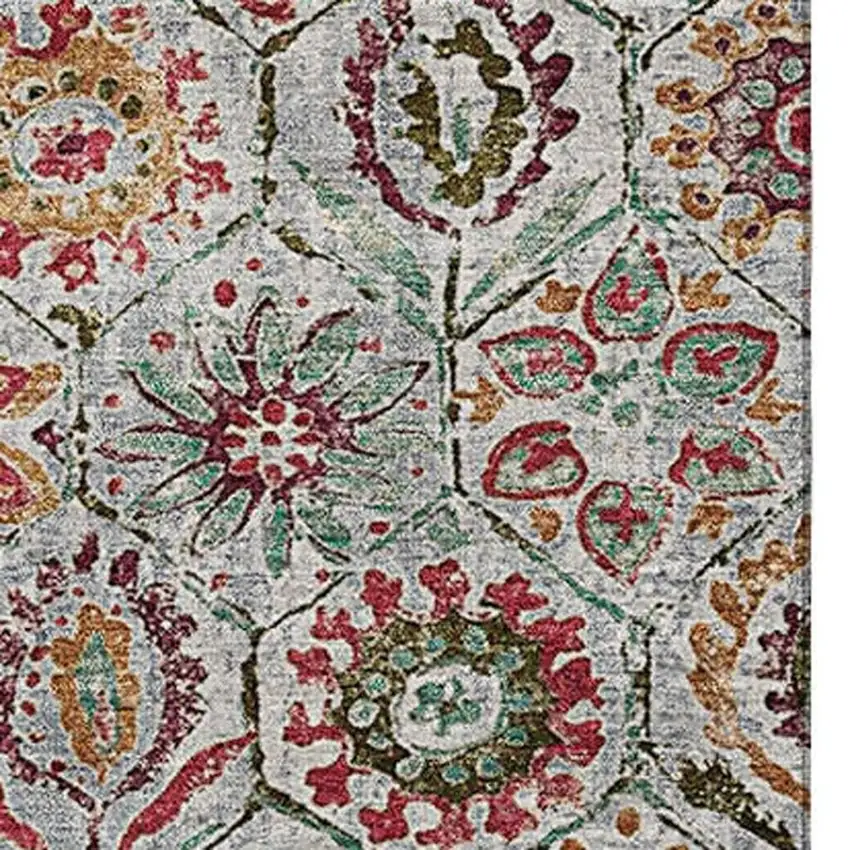 Rust Gray And Silver Floral Washable Area Rug With UV Protection Photo 3