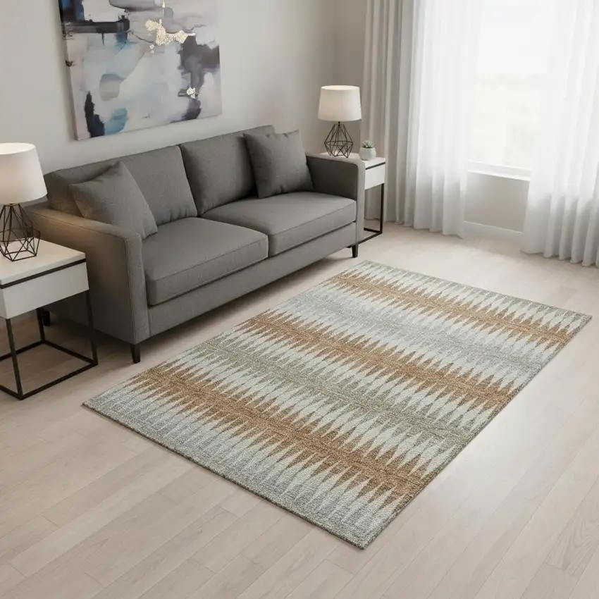 Rust Gray And Silver Striped Washable Area Rug With UV Protection Photo 2