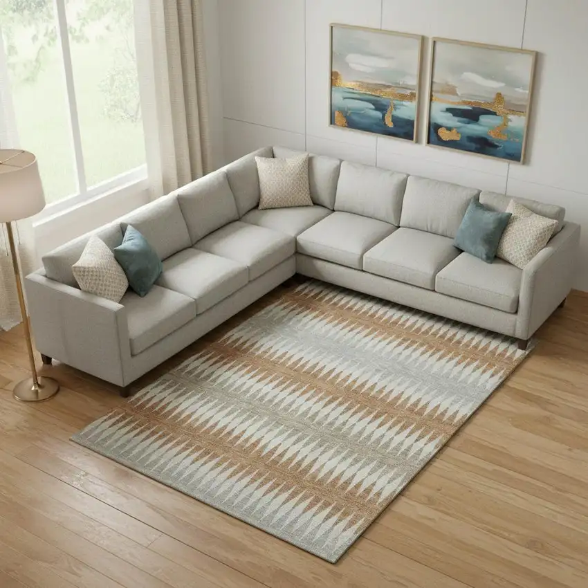 Rust Gray And Silver Striped Washable Area Rug With UV Protection Photo 1