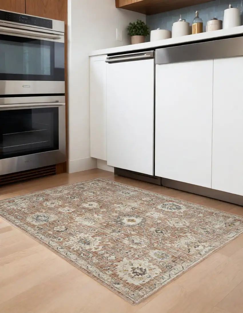 Rust Green And Black Floral Distressed Area Rug Photo 1