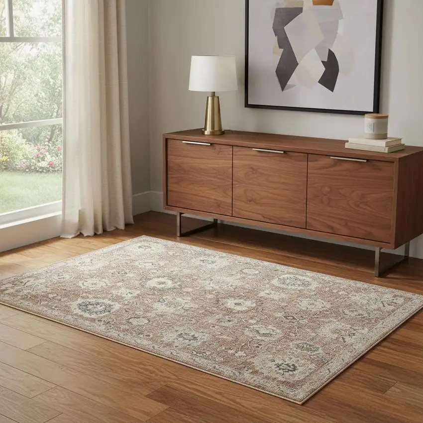 Rust Green And Black Floral Distressed Area Rug Photo 1