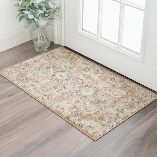 Rust Green And Black Floral Distressed Area Rug Photo 1