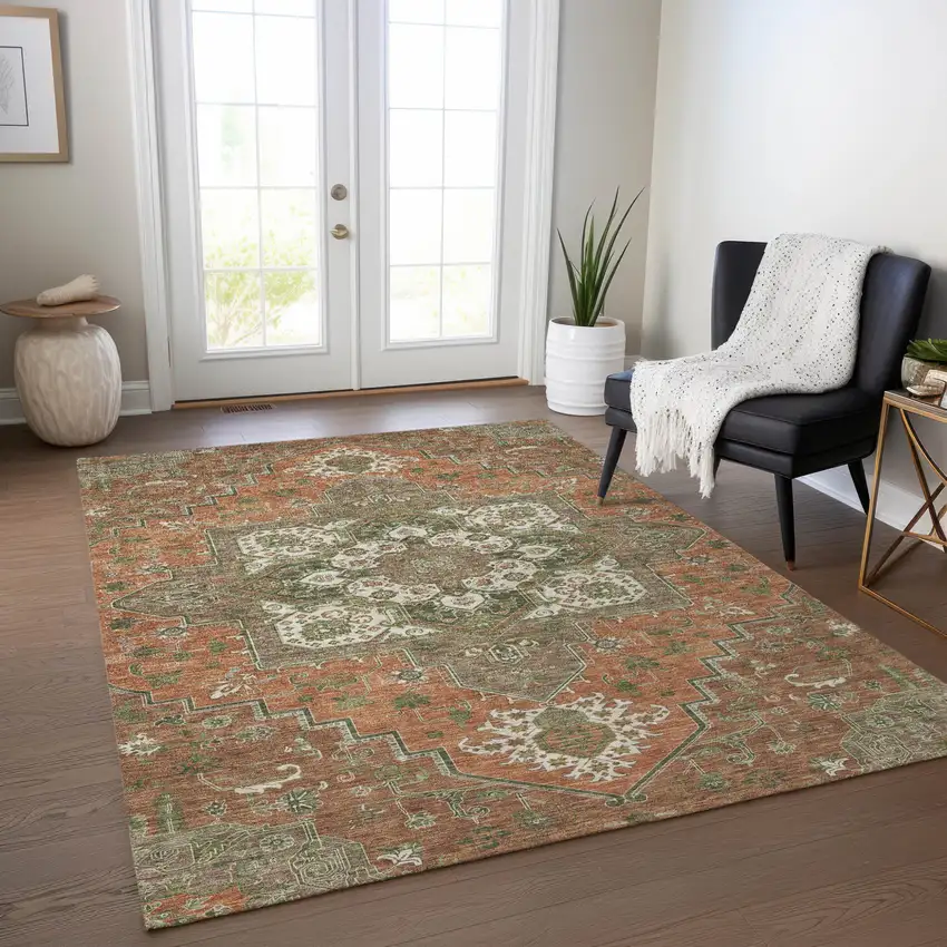 Rust Green And Brown Oriental Washable Indoor Outdoor Area Rug Photo 9