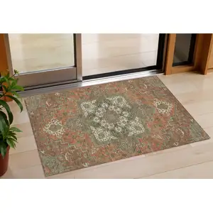 Photo of Rust Green And Brown Oriental Washable Indoor Outdoor Area Rug