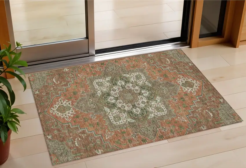 Rust Green And Brown Oriental Washable Indoor Outdoor Area Rug Photo 1