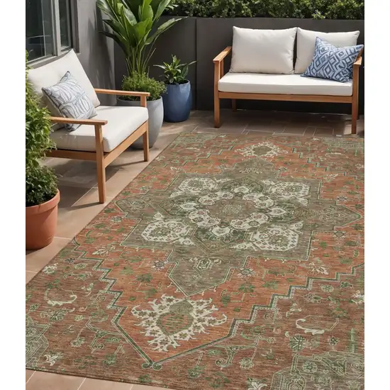 Rust Green And Brown Oriental Washable Indoor Outdoor Area Rug Photo 1